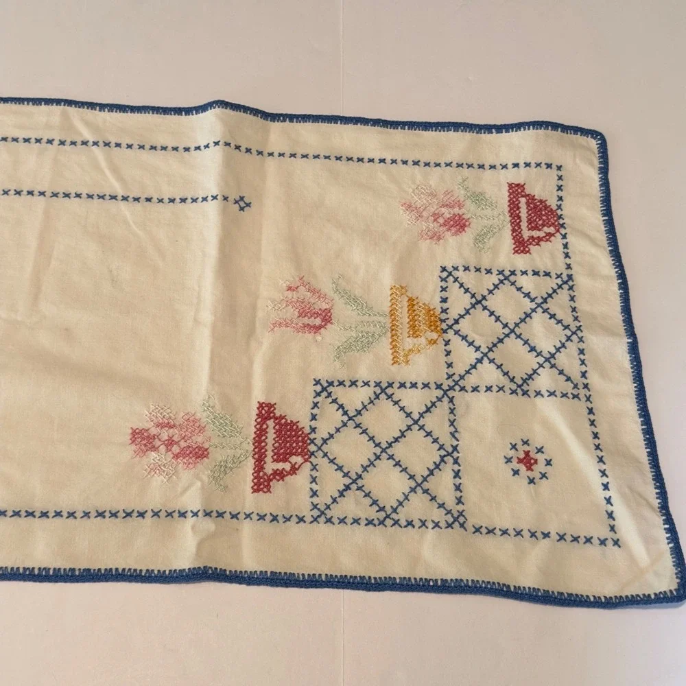 Vtg‎ Hand Embroidered Floral Cross Stitch Table Runner Blue Crochet Edge 40x13